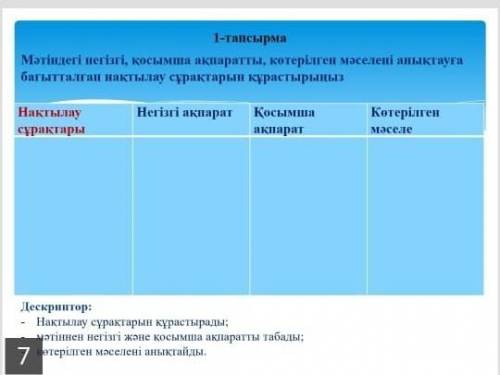 1-тапсырма Мәтіндегі негізгі, қосымша ақпаратты, котерілген мәселені анықтауғабагытталган нақтылау с