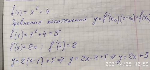 Складіть рівняння дотичної до графіка функції f(x)=x²+4 в точці з абсцисою x0=1​