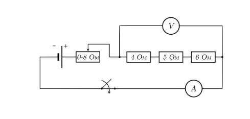 На рисунке представлена электрическая цепь. Амперметр и вольтметр считайте идеальными. Вольтметр пок