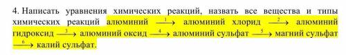 Здравствуйте написать уравнения химических реакций, назвать все вещества и типы химических реакций.