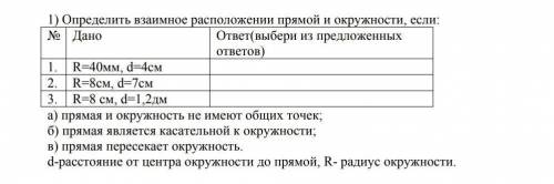 Определить взаимное расположении прямой и окружности, если: N Дано ответ(выбери из предложенных отве