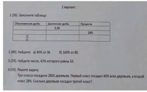 2 вариант: 1.(36). Заполните таблицу:обыкновенная дробПроцентыДесятичная дробь0,3628%1​