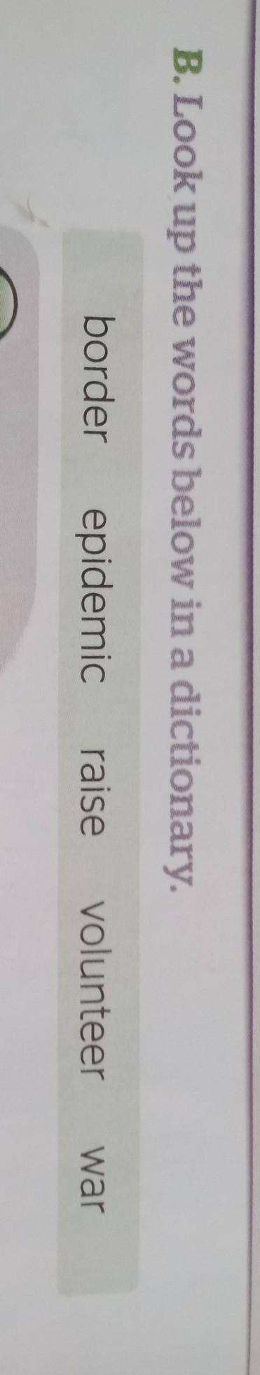‼️‼️❗❗❕❕❗❕❗❕❗❕❗❗ B. Look up the words below in a dictionary. border epidemic raise volunteer war​
