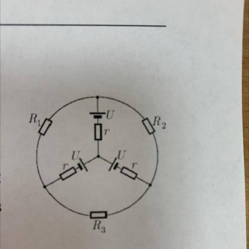 Разветвленная электрическая цепь состоит из трех аккумуляторов и шести резисторов.  Напряжение на вы