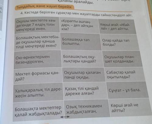 Тыңдайық және жауап берейік оқушы4. Кестеде берілген сұрақтар мен жауаптарды сәйкестендіріп айт.мект