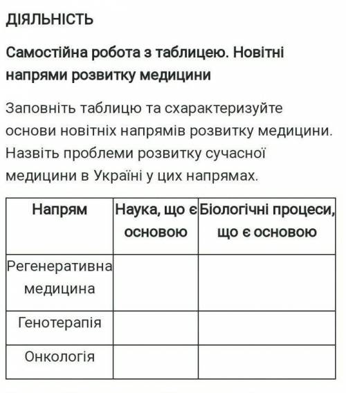 Заповніть таблицю та схарактеризуйте основи новітніх напрямів розвитку медицини. Назвіть проблеми ро