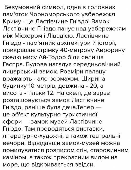 Розвиток мовлення . Письмовий твір опис пам'ятки Ластівниче гніздо в Криму​