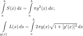 \displaystyle \int \limits_a^bS(x)\, dx=\int \limits_a^b\pi y^2(x)\, dx;int \limits _{y(x)}L(x)\, ds=\int \limits _a^b2\pi y(x)\sqrt{1+[y'(x)]^2} \, dx