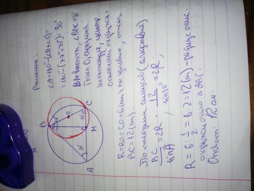 В треугольнике ABC угол C = 73°, угол B = 77°, отрезок BM – высота треугольника. Найдите радиус окру