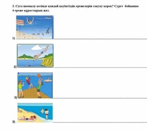 3. Суға шомылу кезінде қандай қауіпсіздік ережелерін сақтау керек? Сурет бойынша 4 ереже құрастырып 