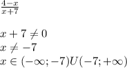 \frac{4 - x}{x + 7} \\ \\ x + 7\ne 0\\ x\ne - 7 \\ x\in( - \infty ;- 7)U( - 7 ;+ \infty )