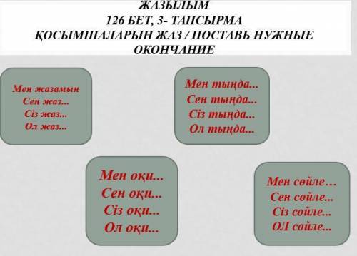 126 бет, 3- тапсырма Қосымшаларын жаз / поставь нужные окончание