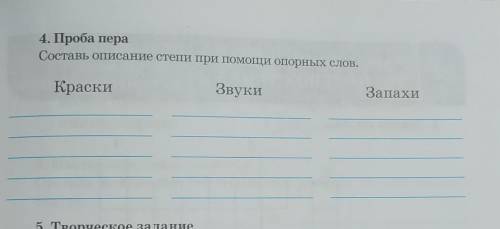 4. Проба пера Составь описание степи при опорных слов.Краски:Звуки:Запахи:​