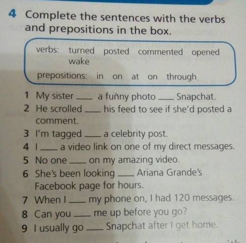 Complete the sentences with the verbs and prepositions in the box. verbs: turned, posted, commented,