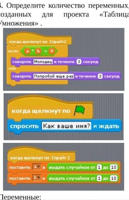 Определите количество переменных, созданных для проекта «Таблица Умножения» . Переменные: ​