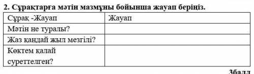 Сұрақтарға мәтін мазмұны бойынша жауап беріңіз. Сұрақ -Жауап 1. Мәтін не туралы? 2. Жаз қандай жыл м