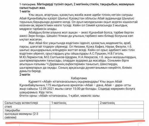 1-тапсырма. Мәтіндерді түсініп оқып, 2 мәтіннің стилін, тақырыбын, мазмұнын салыстырып жаз. ​