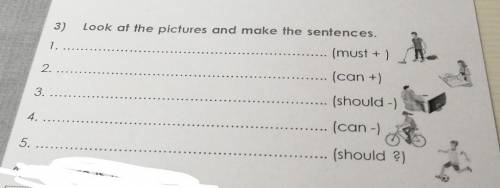 3) Look at the pictures and make the sentences.(must + )1...(can +)2.(should -)3.(can -)4.(should ?)