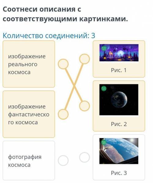 Соотнеси описания с соответствующими картинками количество соединений:3изображение реального космоса