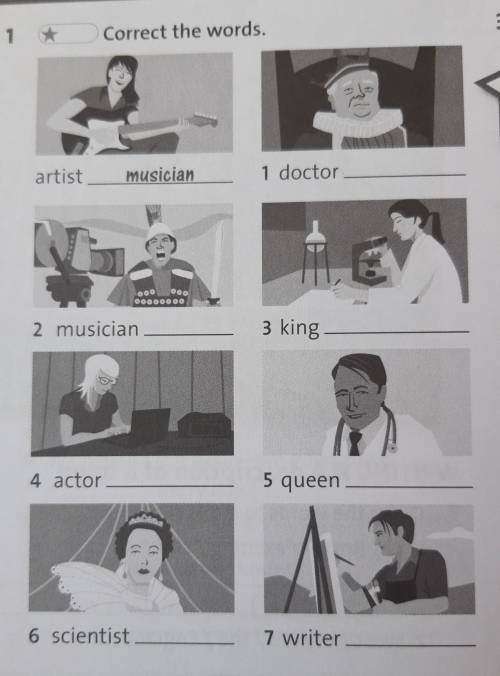 Correct the words.artist musician 1.doctor 2.musician 3.king 4.actor 5.queen 6.scientist 8 writer​