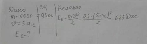 Обчислити кінетичну енергію м’яча 500 г, який летить зі швидкістю 5 м/с.
