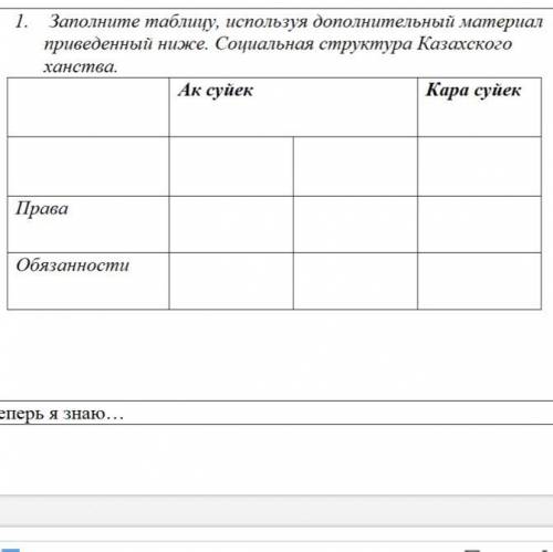 1. Заполните таблицу, используя дополнительный материал приведенный ниже. Социальная структура Казах