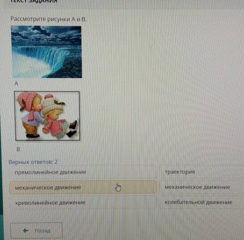 ТЕКСТ ЗАДАНИЯ Рассмотрите рисунки А и В.АВВерных ответов: 2прямолинейное движениетраекториямеханичес