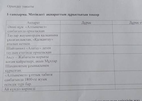 СКОРЕФ У НАС СОР Орындау уақыты1-тапсырма. Мәтіндегі ақпараттың дұрыстығын тексерДұрысДұрыс емесАқпа