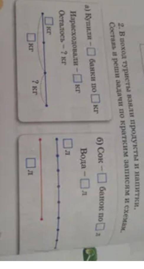 2. Вокал туристы взяли продукты и напитки. Состаль і реши задачи по кратким затисям и схемаа) Купили