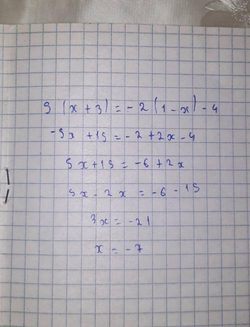 Знайдить корень ривняня 5(х+3)=-2(1-х)-4