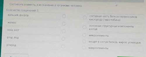 Соотнесите элементы и их значение в организме человека. Количество соединений: 5кальций, фосфоросост