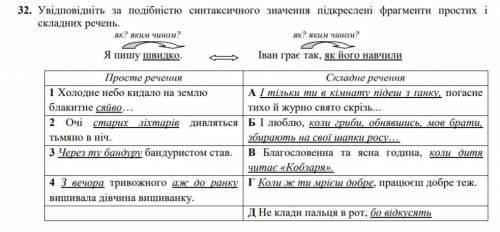 Увідповідніть за подібністю синтаксичного значення підкреслені фрагменти простих і складних речень