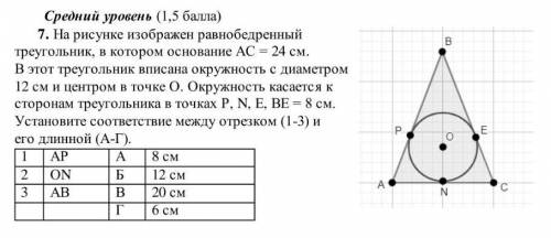 На рисунке изображен равнобедренный треугольник, в котором основание АС=24смВ этот треугольник вписа