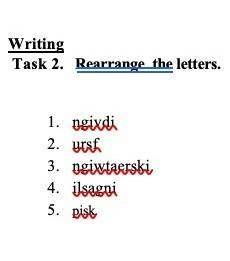 Writing Task 2. Rearrange the letters. 1.ngixdi2.ursf3.ngiwtaerski4.ilsagni5.pisk сор по англ ​