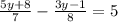 \frac{5y+8}{7} - \frac{3y-1}{8} = 5