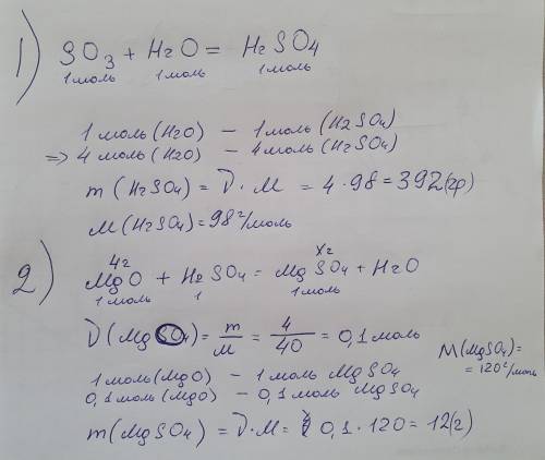 1. Визначити масу H2SO4 яка утворюється при взаємодії H2O кількість речовини 4 моль з SO3. 2. Визнач