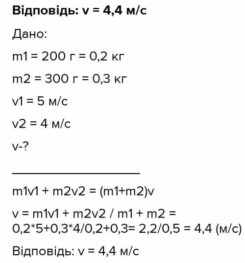 Кулька масою 200 г, що рухається з швидкістю 6 м/с налітає на нерухому кульку масою 800 г. Після зіт