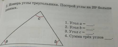 Измерь углы треугольника. Построй углы на 20 градусов больше данных.​