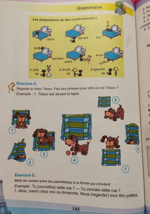 Regarde le chien Trésor. Fais des phrases pour dire où est Trésor ? Exemple : 1. Trésor est devant l