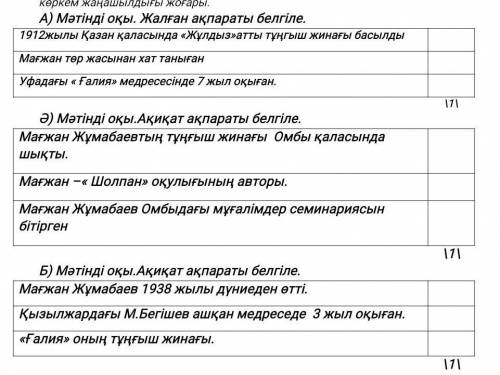 А) Мәтінді оқы. Жалған ақпараты белгіле. 1912жылы Қазан қаласында «Жұлдыз»атты тұңгыш жинағы басылды