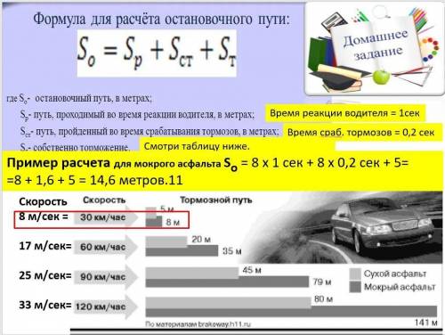 5 класс. Выполните расчет остановочного пути автомобиля (скорость автомобиля 60 км/час=17м/сек)