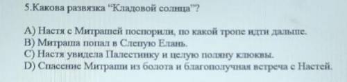 5.Какова развязка “Кладовой солнца”? A) Настя с Митрашей поспорили, по какой тропе идти дальше.В) Ми