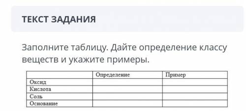 Заполните таблицу. дайте определение классу веществ и укажите примеры​