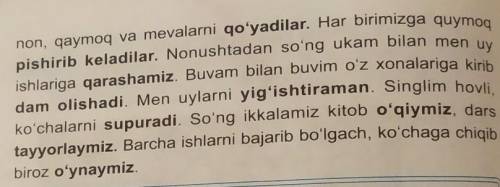 1-mashq. Matni õqing va rasm asosida matni tõldiring. Dam olish kunida.Bugun yakshanba. Dam olish ku