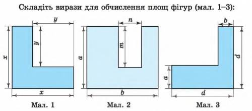 Складіть вирази для обчислення площ фігур.