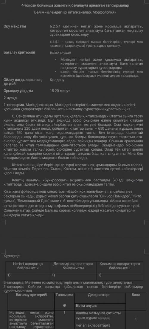 4 - ТОҚСАН БОЙЫНША ЖИЫНТЫҚ БАҒАЛАУҒА АРНАЛҒАН ТАПСЫРМАЛАР «Әлемдегі ірі кітапханалар. Морфология»«Ғы