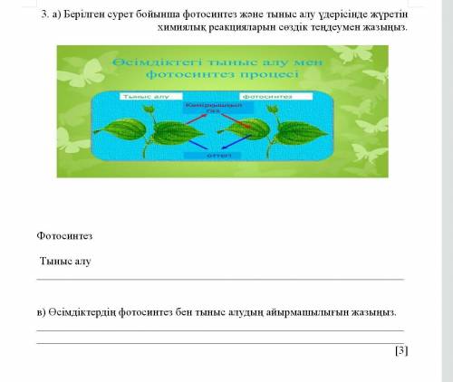 3. а ) Берілген сурет бойыншта фотосинтез жэне тыныс алу үдерісінде жүретін химиялық реакцияларын сө