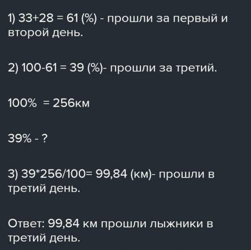 1. За три дня лыжники 256 км. В первый день было пройдено 33 %, а во второй — 28% всего пути. Какое