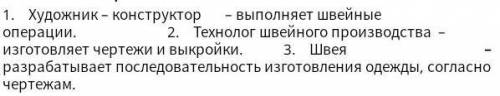 28. Расставь правильно ответы: 1. Художник – конструктор — выполняет швейныеоперации.2. Технолог шве