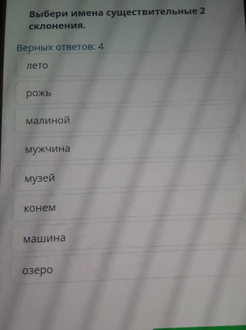 Выбери имена существительные 2 склонения.Верных ответов: 4леторожьмалиноймужчинамузейКонеммашинаозер